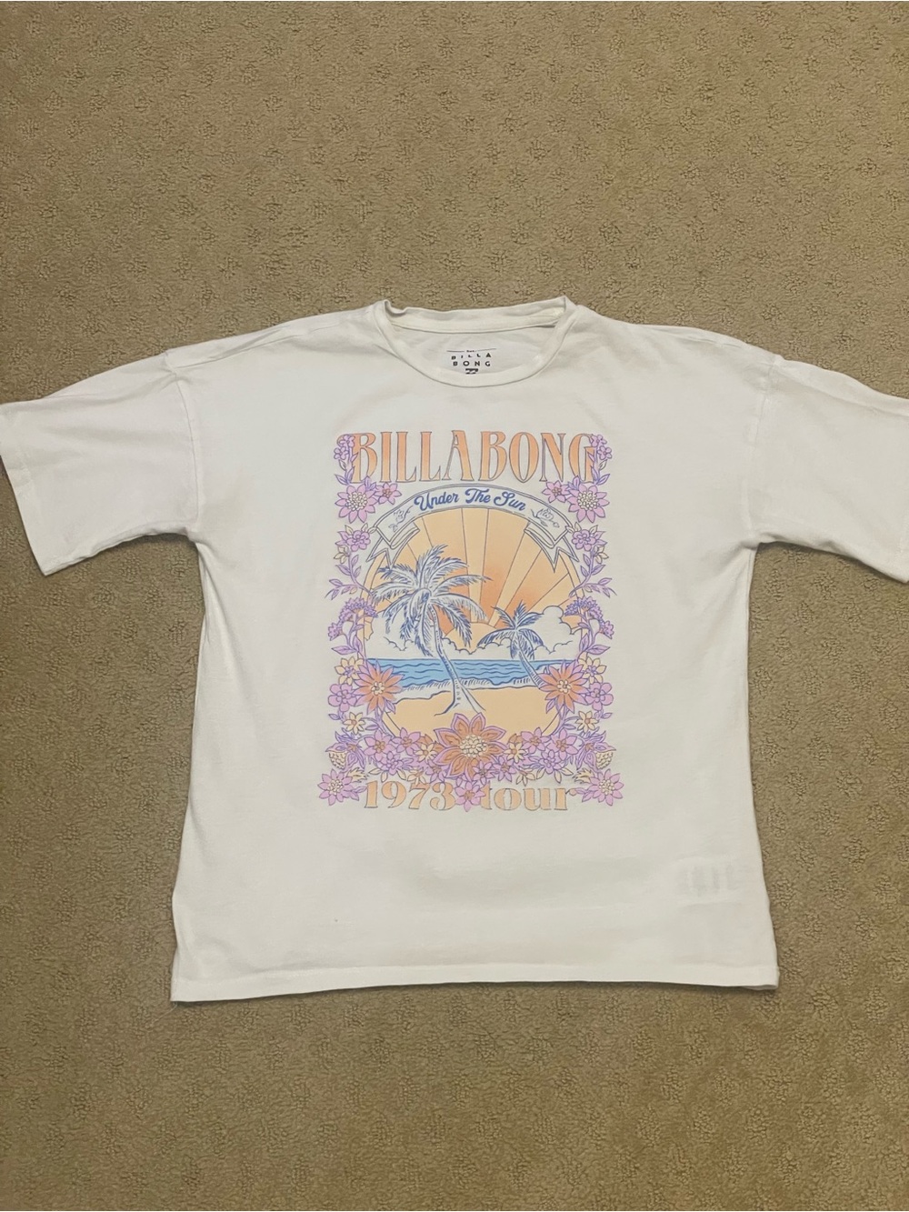 Billabong White Tee with Peach and Navy Graphic